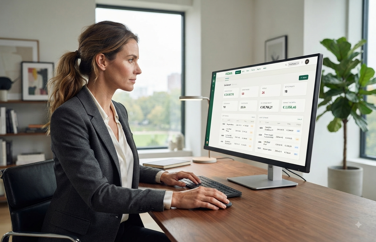 Working in the Rozuro dashboard on a large monitor at a desk