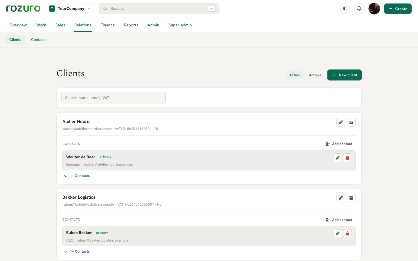 Clients — Per-client VAT numbers, language and multiple contacts.