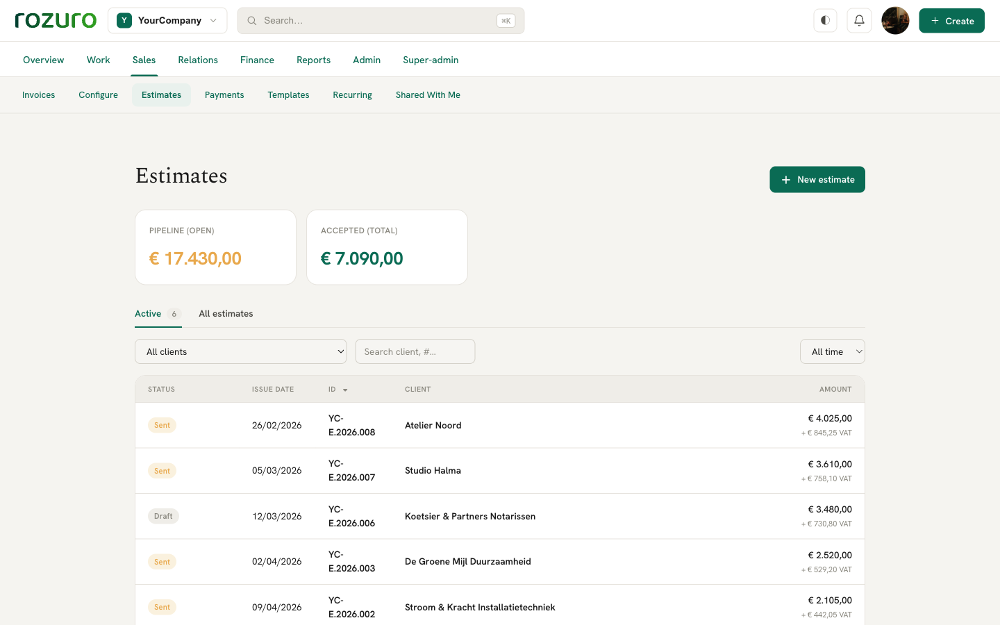 Rozuro estimates: pipeline and accepted totals, one click from estimate to invoice