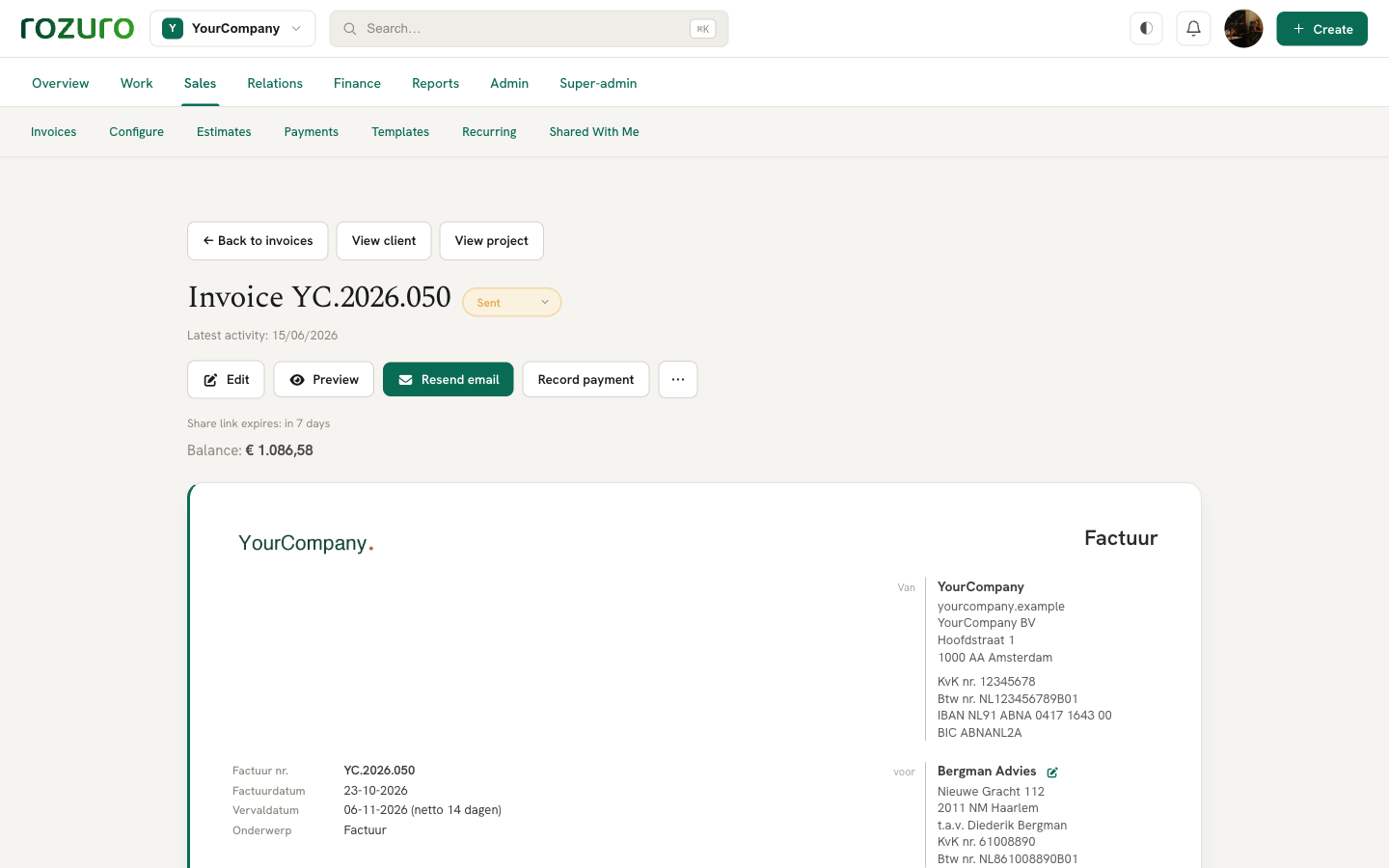 Invoice & PDF — The invoice document as your client sees it, with VAT, IBAN and a share link.