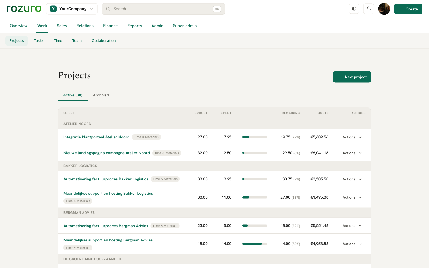 Rozuro projects: budget, spent and remaining per project