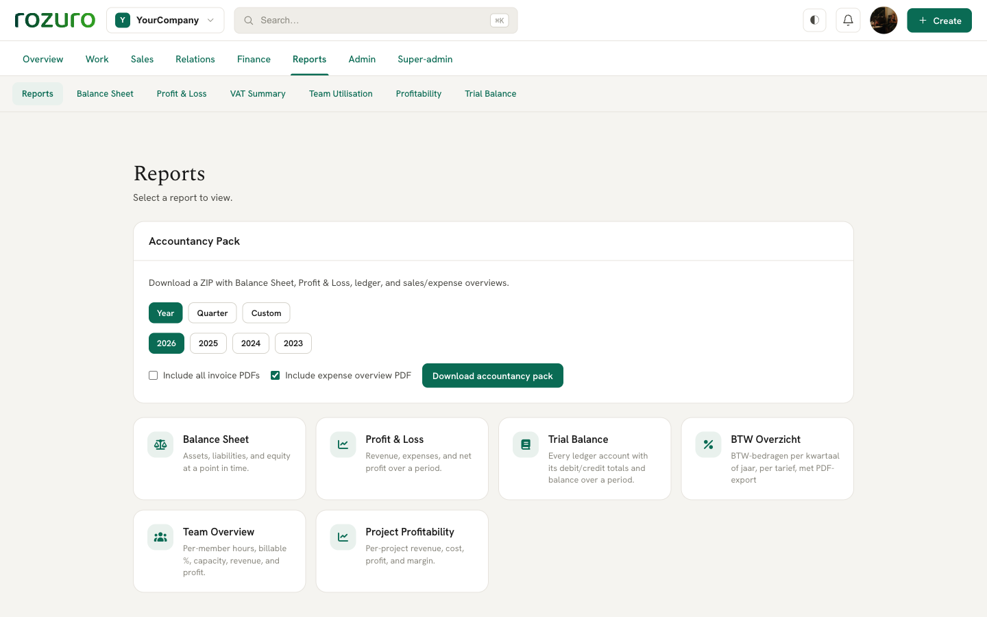 Rozuro reports: balance sheet, P&L, VAT and the accountancy pack